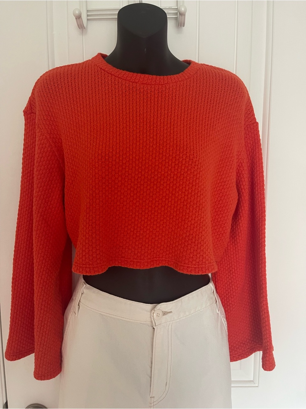 Urban Renewal Cropped Waffle-Knit Crew Sweater in Red-Orange